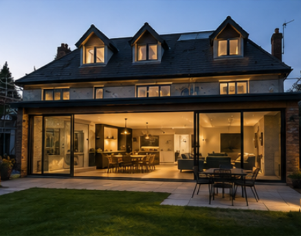Luxury contemporary home with expansive glass walls at dusk